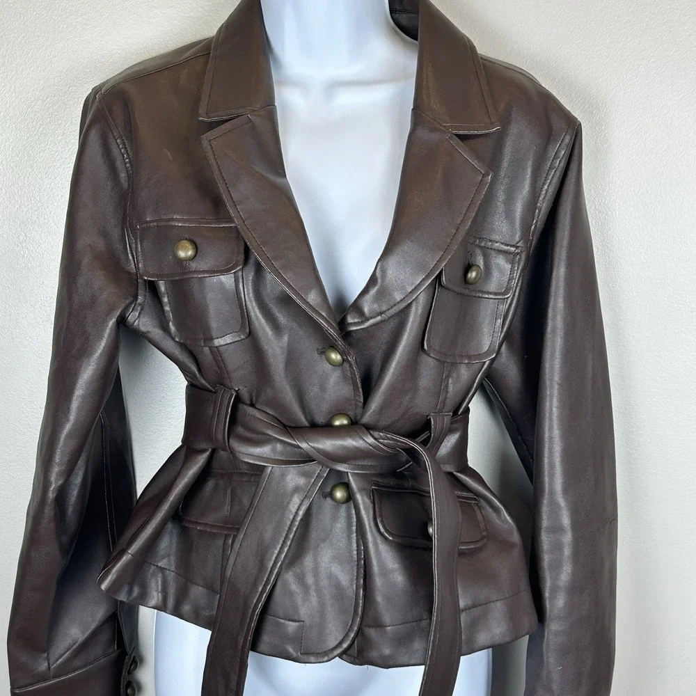 Paris Blues Vintage Faux Leather Jacket Womens Medium Brown Belted Pockets Retro